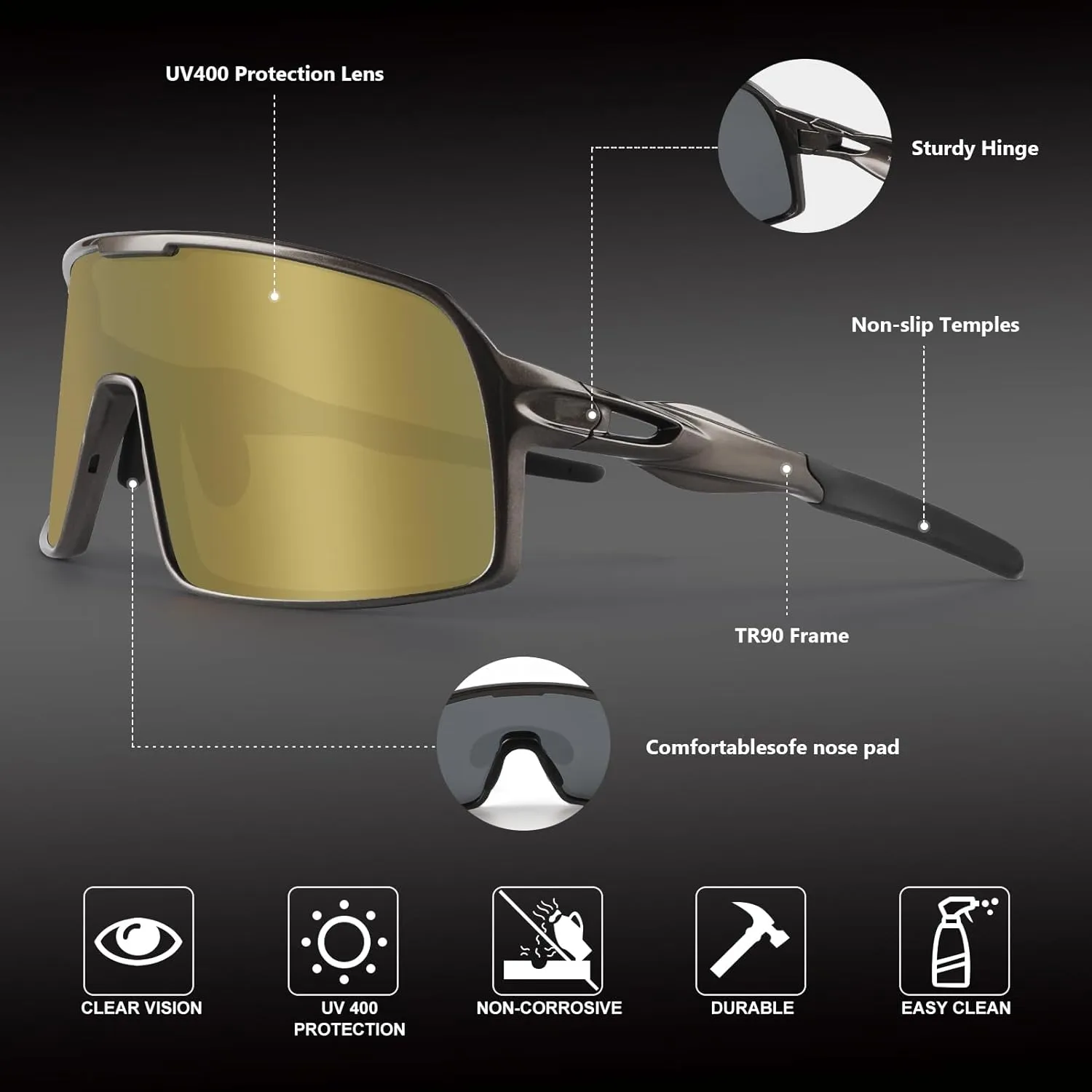 BangLong Polarized Cycling Glasses Sports Sunglasses, UV400 Protection, Men Women Running Fishing Driving Baseball Glasses