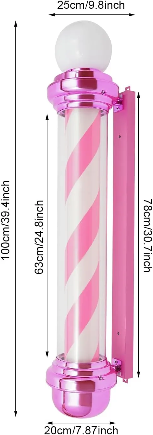 Barber Light Pole, 39.4" LED Wall-Mounted Pole Lamp Red, White and Blue Classic Style Barbershop Rotating Light Fixture for Indoor and Outdoor Use (Pink and White Style)