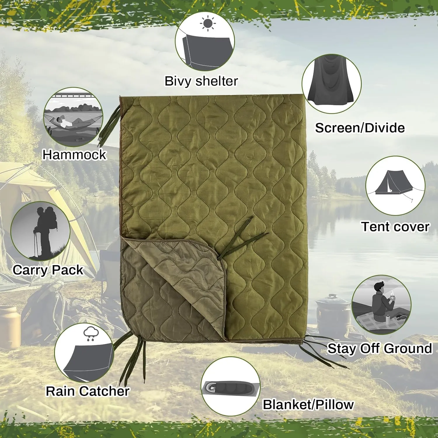 Barydat 3 Pack Woobie Military Poncho Liner 80 x 60 Inch Woobie Blanket Waterproof Thermal Poncho Liner with Bag Camo for Outdoor Camping Hunting Hiking (Green)