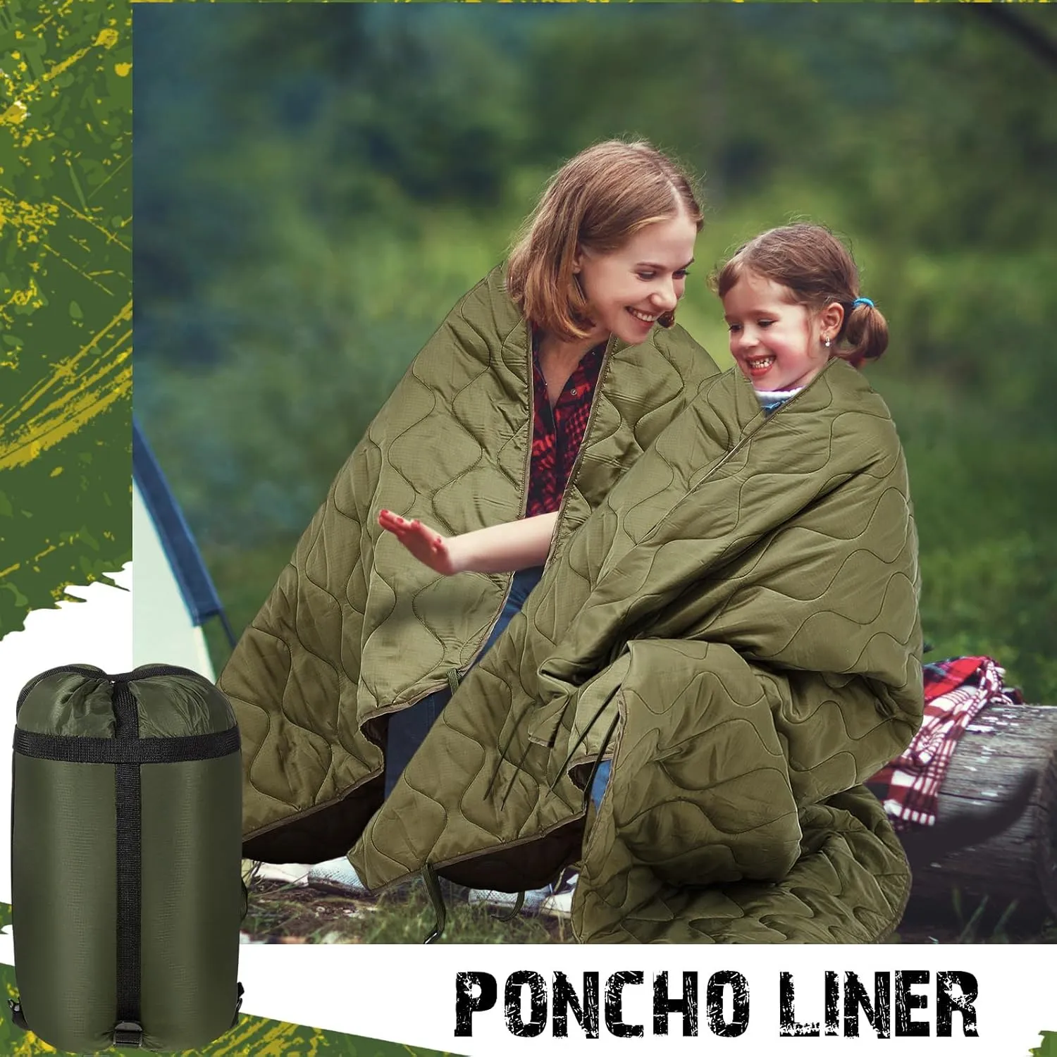 Barydat 3 Pack Woobie Military Poncho Liner 80 x 60 Inch Woobie Blanket Waterproof Thermal Poncho Liner with Bag Camo for Outdoor Camping Hunting Hiking (Green)