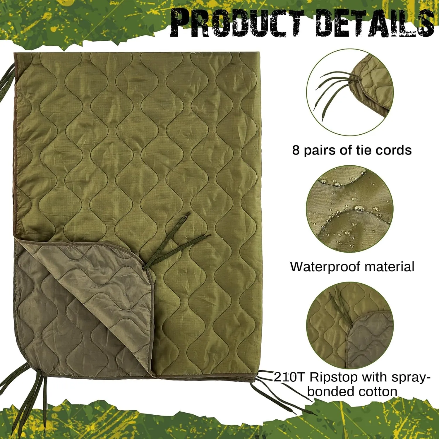 Barydat 3 Pack Woobie Military Poncho Liner 80 x 60 Inch Woobie Blanket Waterproof Thermal Poncho Liner with Bag Camo for Outdoor Camping Hunting Hiking (Green)