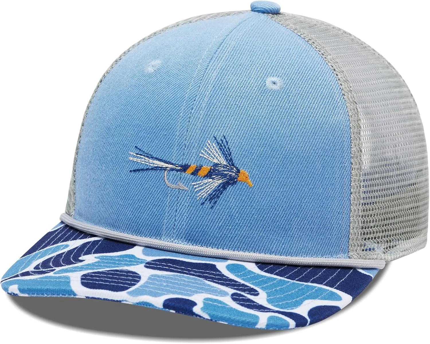 BASSDASH Camo Rope Trucker Hat Adjustable Embroidered Baseball Cap Mesh Back for Duck Deer Hunting Fly Fishing Camping
