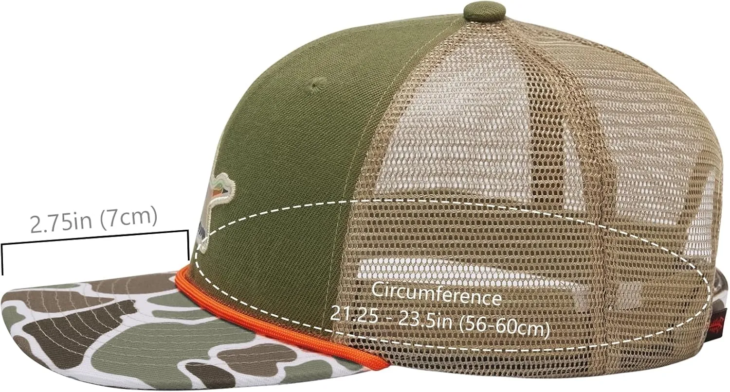 BASSDASH Camo Rope Trucker Hat Adjustable Embroidered Baseball Cap Mesh Back for Duck Deer Hunting Fly Fishing Camping