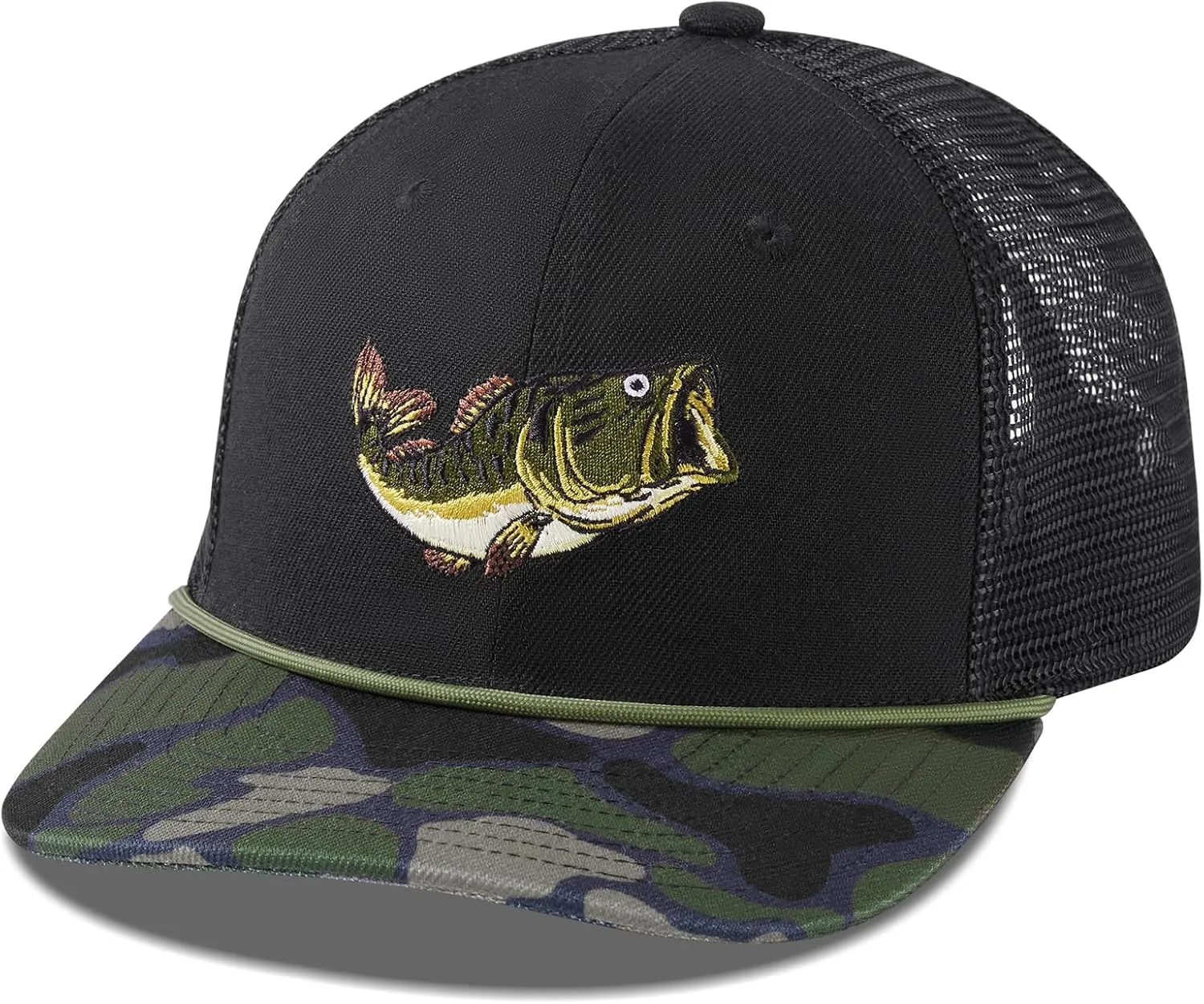 BASSDASH Camo Rope Trucker Hat Adjustable Embroidered Baseball Cap Mesh Back for Duck Deer Hunting Fly Fishing Camping