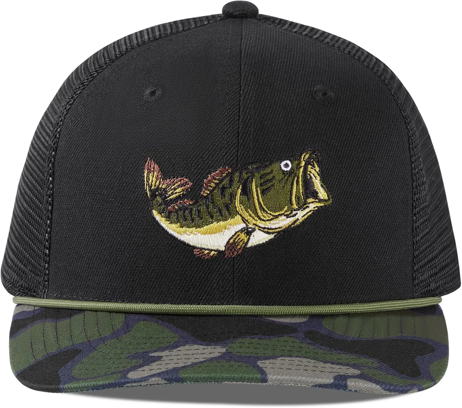 BASSDASH Camo Rope Trucker Hat Adjustable Embroidered Baseball Cap Mesh Back for Duck Deer Hunting Fly Fishing Camping