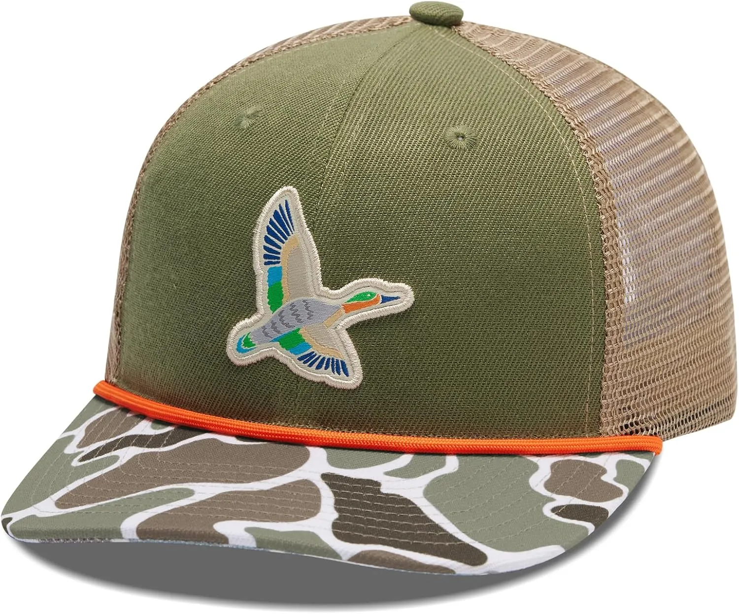 BASSDASH Camo Rope Trucker Hat Adjustable Embroidered Baseball Cap Mesh Back for Duck Deer Hunting Fly Fishing Camping