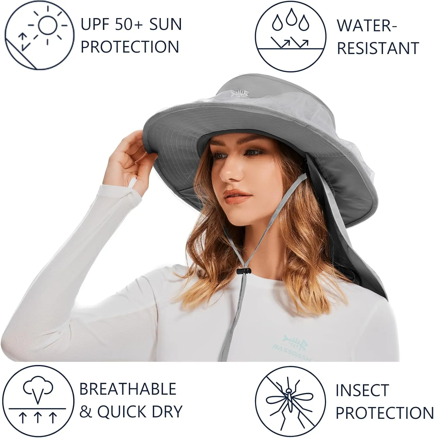BASSDASH UPF 50  Mosquito Net Hat with Stowable Neck Flap for Men Women Outdoor Fishing Hiking Camping Gardening FH17