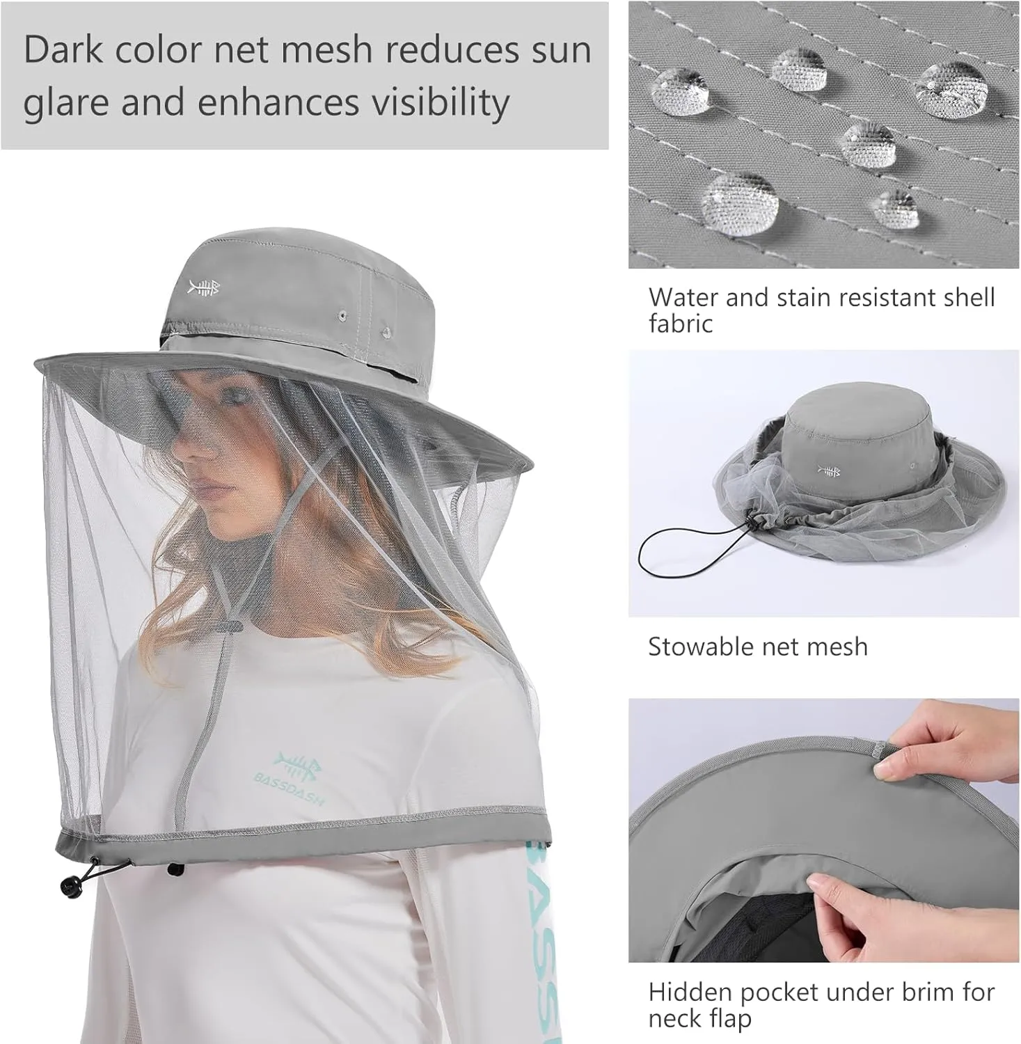 BASSDASH UPF 50  Mosquito Net Hat with Stowable Neck Flap for Men Women Outdoor Fishing Hiking Camping Gardening FH17
