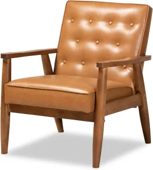 Baxton Studio Sorrento Mid-Century Modern Tan Faux Leather Upholstered and Walnut Brown Finished Wood Lounge Chair