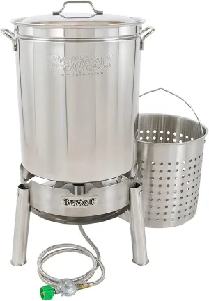 Bayou Classic 62 Quart Stainless Steel Boil and Steam Cooker Kit with Lid, Basket, Single Jet, 10 PSI Regulator, 60 Inch Hose, Silver