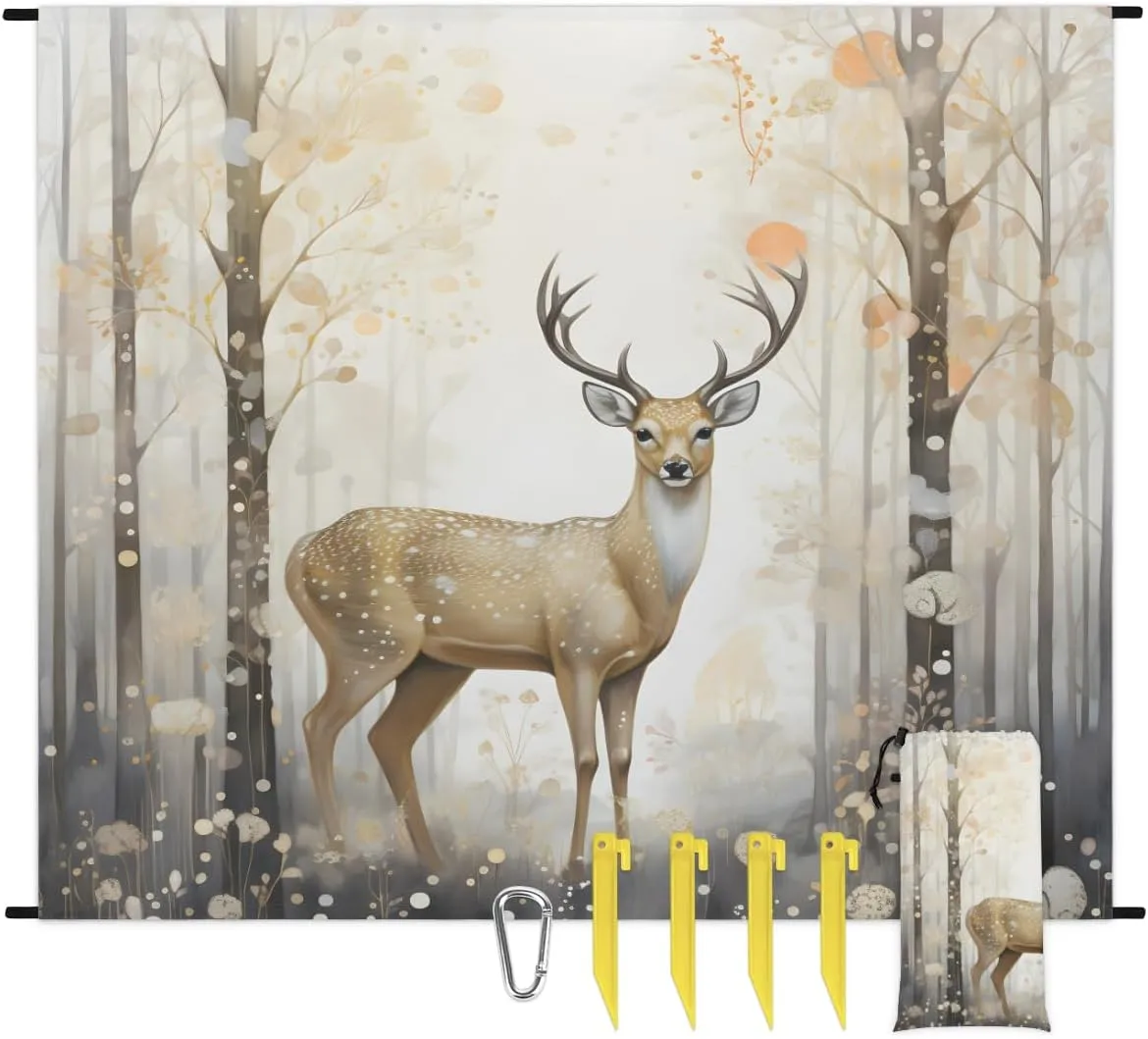 Beach Blanket, Animal Deer Forest Sandproof Beach Mat, Waterproof Quick Drying Sand Free Mat with 4 x Ground Spikes for Outdoor Travel Camping Hiking, Deer 68 x 59 in
