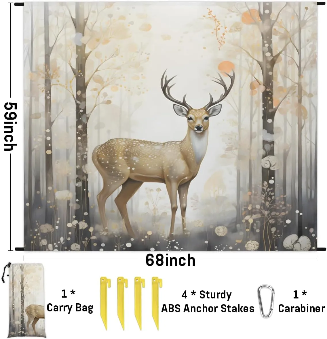 Beach Blanket, Animal Deer Forest Sandproof Beach Mat, Waterproof Quick Drying Sand Free Mat with 4 x Ground Spikes for Outdoor Travel Camping Hiking, Deer 68 x 59 in