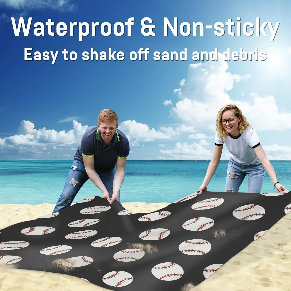 Beach Blanket, Baseball Sandproof Beach Mat, Waterproof Quick Drying Sand Free Mat with 4 x Ground Spikes for Outdoor Travel Camping Hiking, Baseball Ball Theme 68 x 59 in