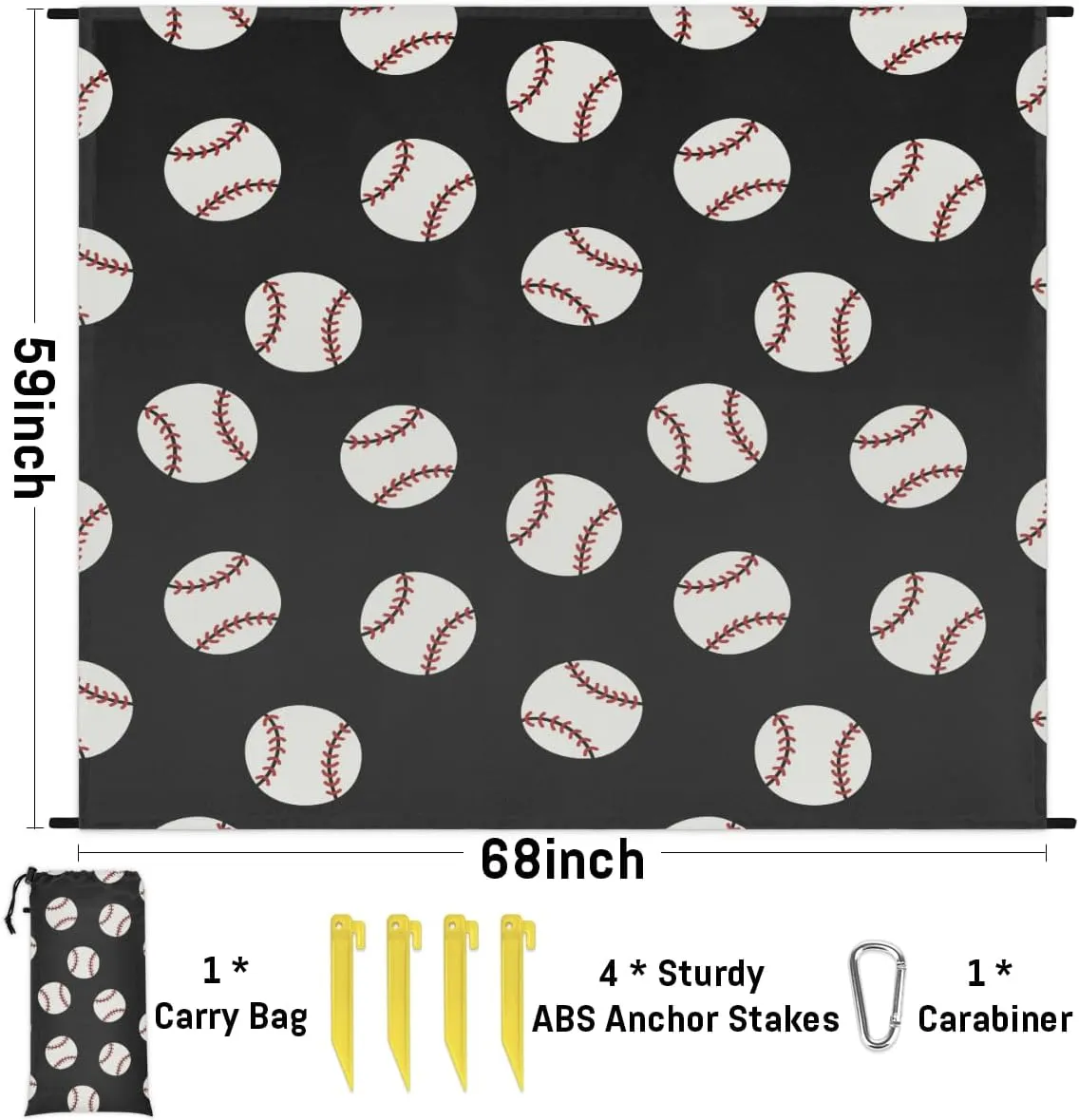 Beach Blanket, Baseball Sandproof Beach Mat, Waterproof Quick Drying Sand Free Mat with 4 x Ground Spikes for Outdoor Travel Camping Hiking, Baseball Ball Theme 68 x 59 in