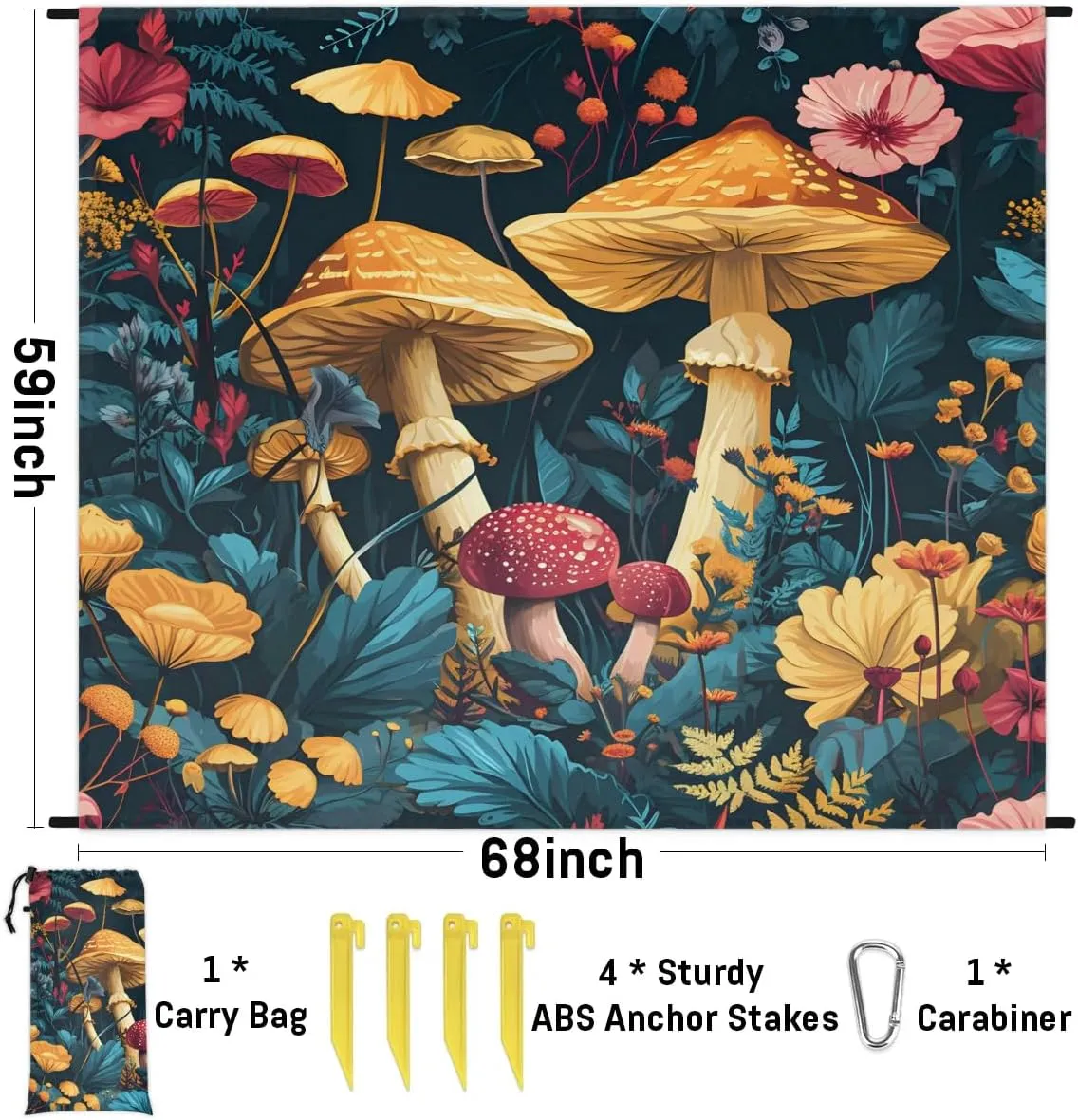 Beach Blanket, Boho Mushroom Sandproof Beach Mat, Waterproof Quick Drying Sand Free Mat with 4 x Ground Spikes for Outdoor Travel Camping Hiking, Mushrooms Wild Species 68 x 59 in