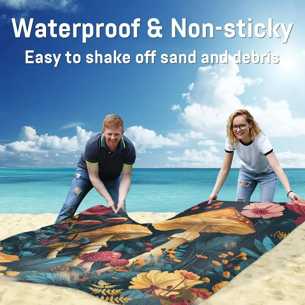 Beach Blanket, Boho Mushroom Sandproof Beach Mat, Waterproof Quick Drying Sand Free Mat with 4 x Ground Spikes for Outdoor Travel Camping Hiking, Mushrooms Wild Species 68 x 59 in