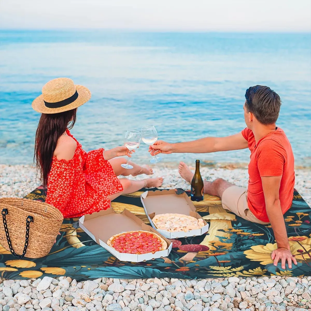 Beach Blanket, Boho Mushroom Sandproof Beach Mat, Waterproof Quick Drying Sand Free Mat with 4 x Ground Spikes for Outdoor Travel Camping Hiking, Mushrooms Wild Species 68 x 59 in