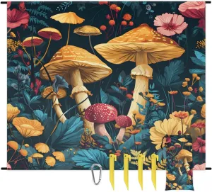 Beach Blanket, Boho Mushroom Sandproof Beach Mat, Waterproof Quick Drying Sand Free Mat with 4 x Ground Spikes for Outdoor Travel Camping Hiking, Mushrooms Wild Species 68 x 59 in
