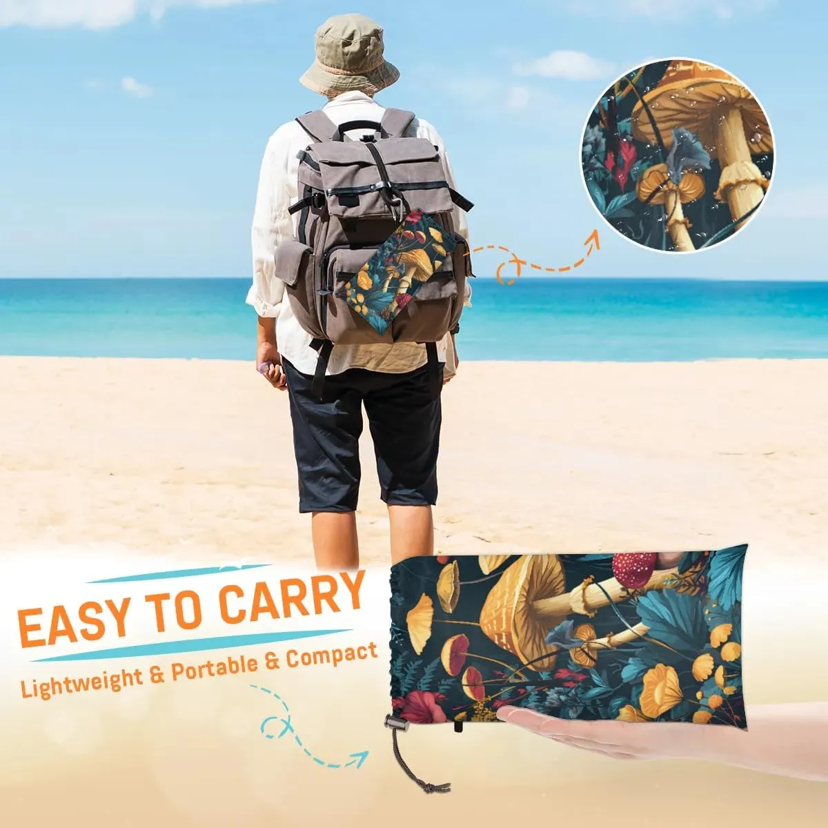 Beach Blanket, Boho Mushroom Sandproof Beach Mat, Waterproof Quick Drying Sand Free Mat with 4 x Ground Spikes for Outdoor Travel Camping Hiking, Mushrooms Wild Species 68 x 59 in