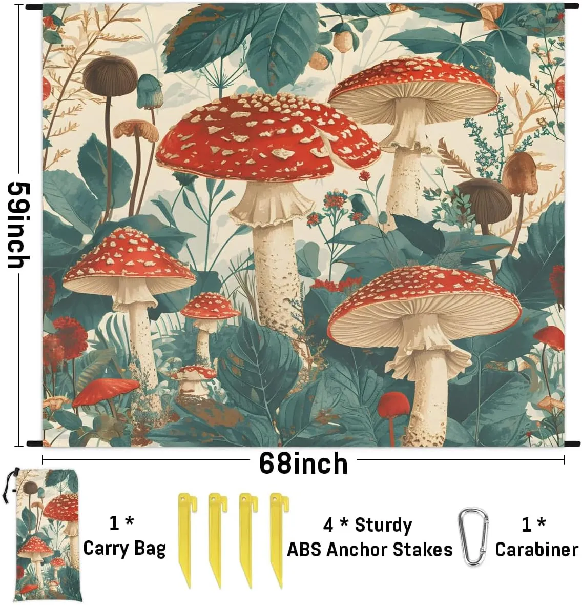 Beach Blanket, Botanical Mushroom Sandproof Beach Mat, Waterproof Quick Drying Sand Free Mat with 4 x Ground Spikes for Outdoor Travel Camping Hiking, Fall Mushroom 68 x 59 in