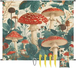 Beach Blanket, Botanical Mushroom Sandproof Beach Mat, Waterproof Quick Drying Sand Free Mat with 4 x Ground Spikes for Outdoor Travel Camping Hiking, Fall Mushroom 68 x 59 in
