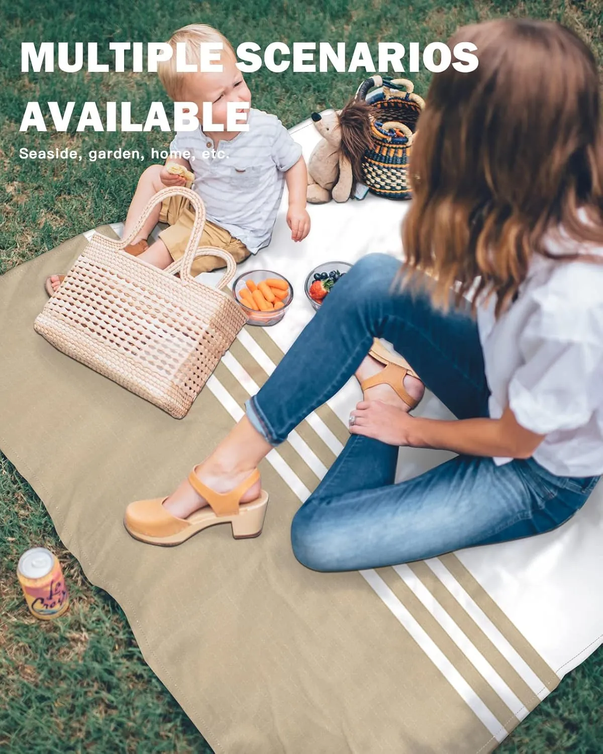 Beach Blanket Brown Stripes Geometry Sandproof Waterproof Beach Mat Modern White Minimalist Sand Free Mat Quick Drying Beach Essentials for Vacation Lightweight with 4 Stakes & Corner Pockets 108"x84"