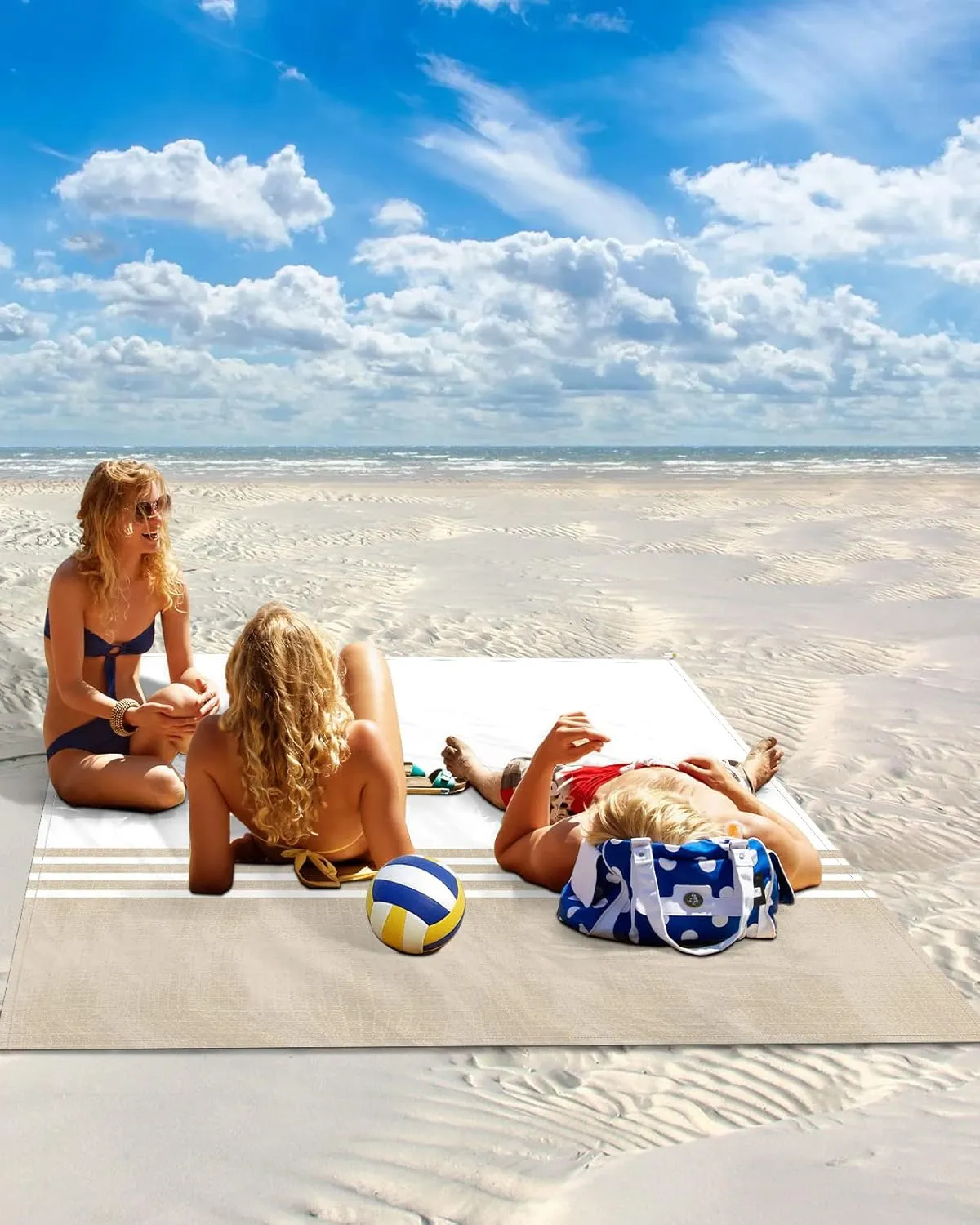Beach Blanket Brown Stripes Geometry Sandproof Waterproof Beach Mat Modern White Minimalist Sand Free Mat Quick Drying Beach Essentials for Vacation Lightweight with 4 Stakes & Corner Pockets 108"x84"