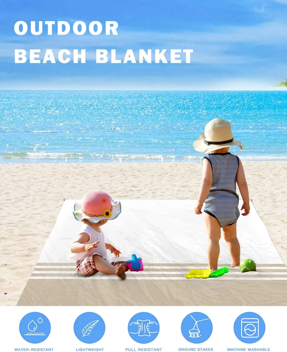 Beach Blanket Brown Stripes Geometry Sandproof Waterproof Beach Mat Modern White Minimalist Sand Free Mat Quick Drying Beach Essentials for Vacation Lightweight with 4 Stakes & Corner Pockets 108"x84"
