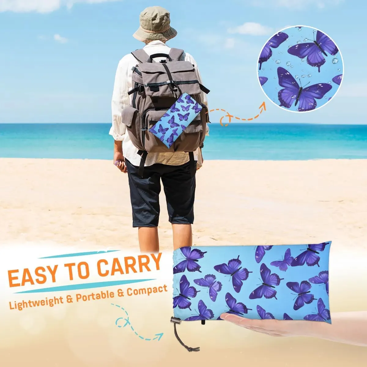 Beach Blanket, Butterfly Theme Sandproof Beach Mat, Waterproof Quick Drying Sand Free Mat with 4 x Ground Spikes for Outdoor Travel Camping Hiking, Butterfly 68 x 59 in