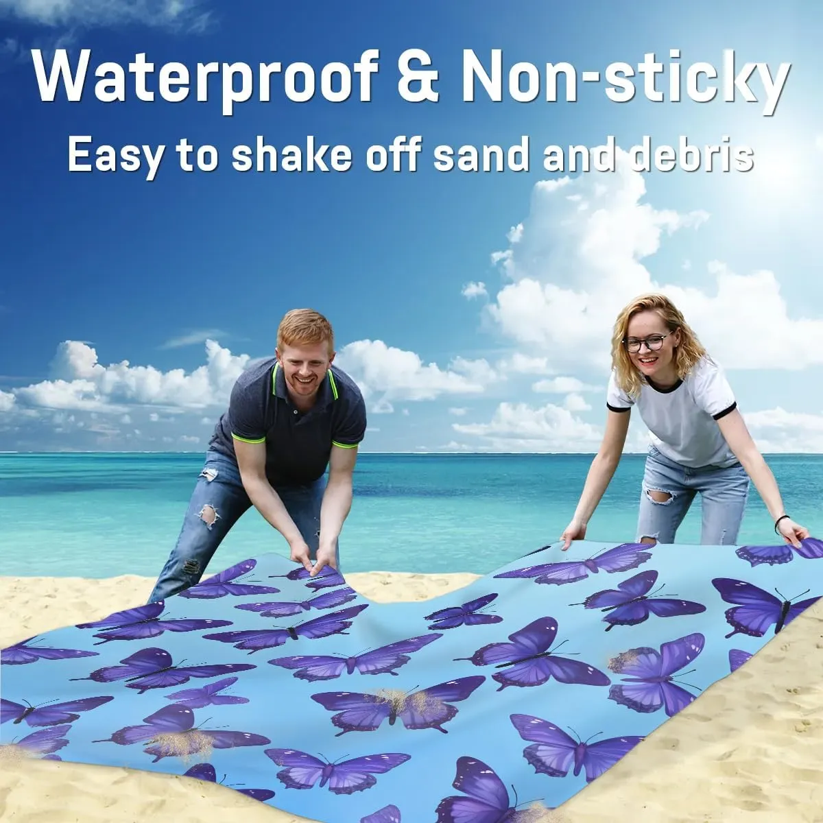 Beach Blanket, Butterfly Theme Sandproof Beach Mat, Waterproof Quick Drying Sand Free Mat with 4 x Ground Spikes for Outdoor Travel Camping Hiking, Butterfly 68 x 59 in