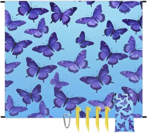 Beach Blanket, Butterfly Theme Sandproof Beach Mat, Waterproof Quick Drying Sand Free Mat with 4 x Ground Spikes for Outdoor Travel Camping Hiking, Butterfly 68 x 59 in