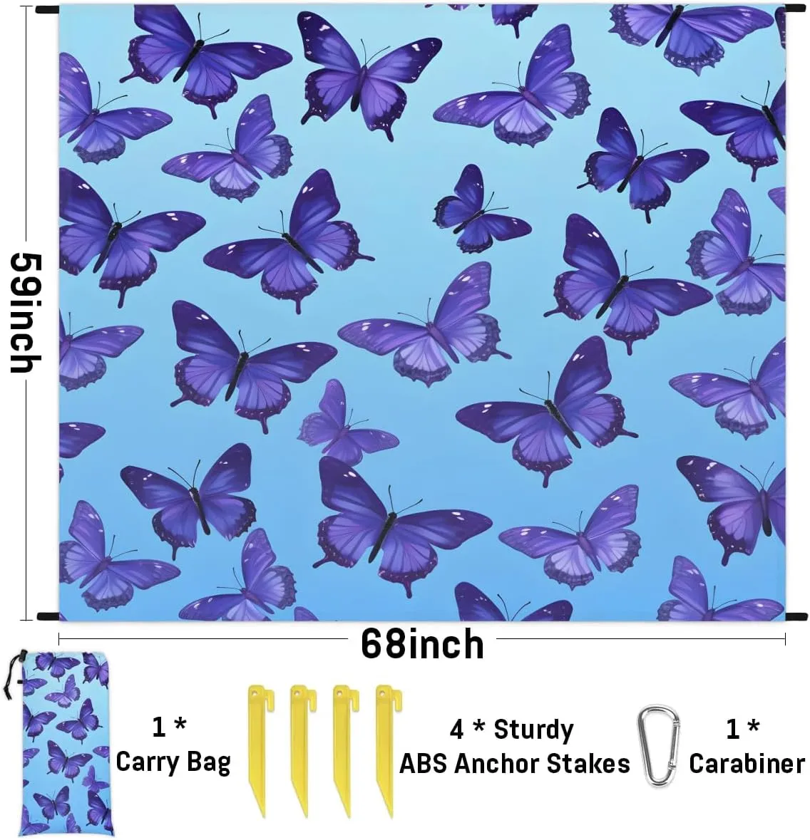 Beach Blanket, Butterfly Theme Sandproof Beach Mat, Waterproof Quick Drying Sand Free Mat with 4 x Ground Spikes for Outdoor Travel Camping Hiking, Butterfly 68 x 59 in