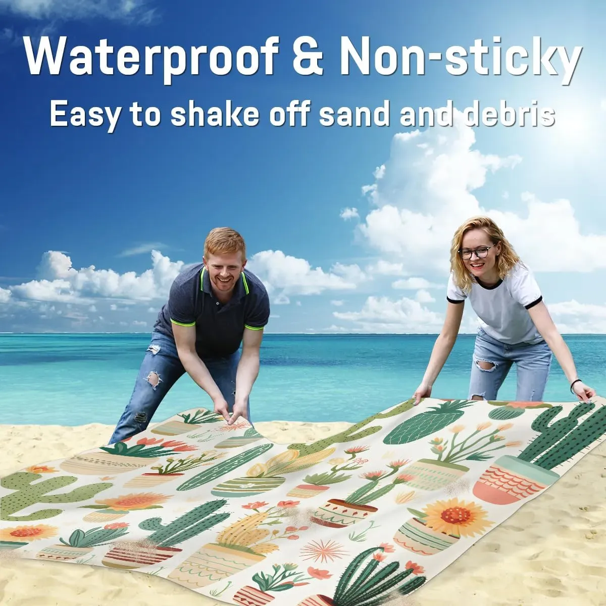 Beach Blanket, Cactus Sandproof Beach Mat, Waterproof Quick Drying Sand Free Mat with 4 x Ground Spikes for Outdoor Travel Camping Hiking, Tropical Cactus 68 x 59 in