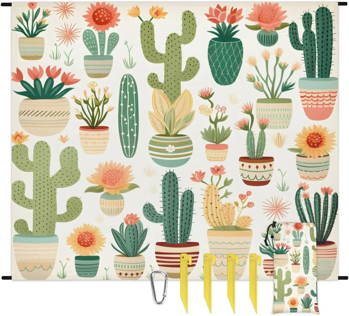 Beach Blanket, Cactus Sandproof Beach Mat, Waterproof Quick Drying Sand Free Mat with 4 x Ground Spikes for Outdoor Travel Camping Hiking, Tropical Cactus 68 x 59 in