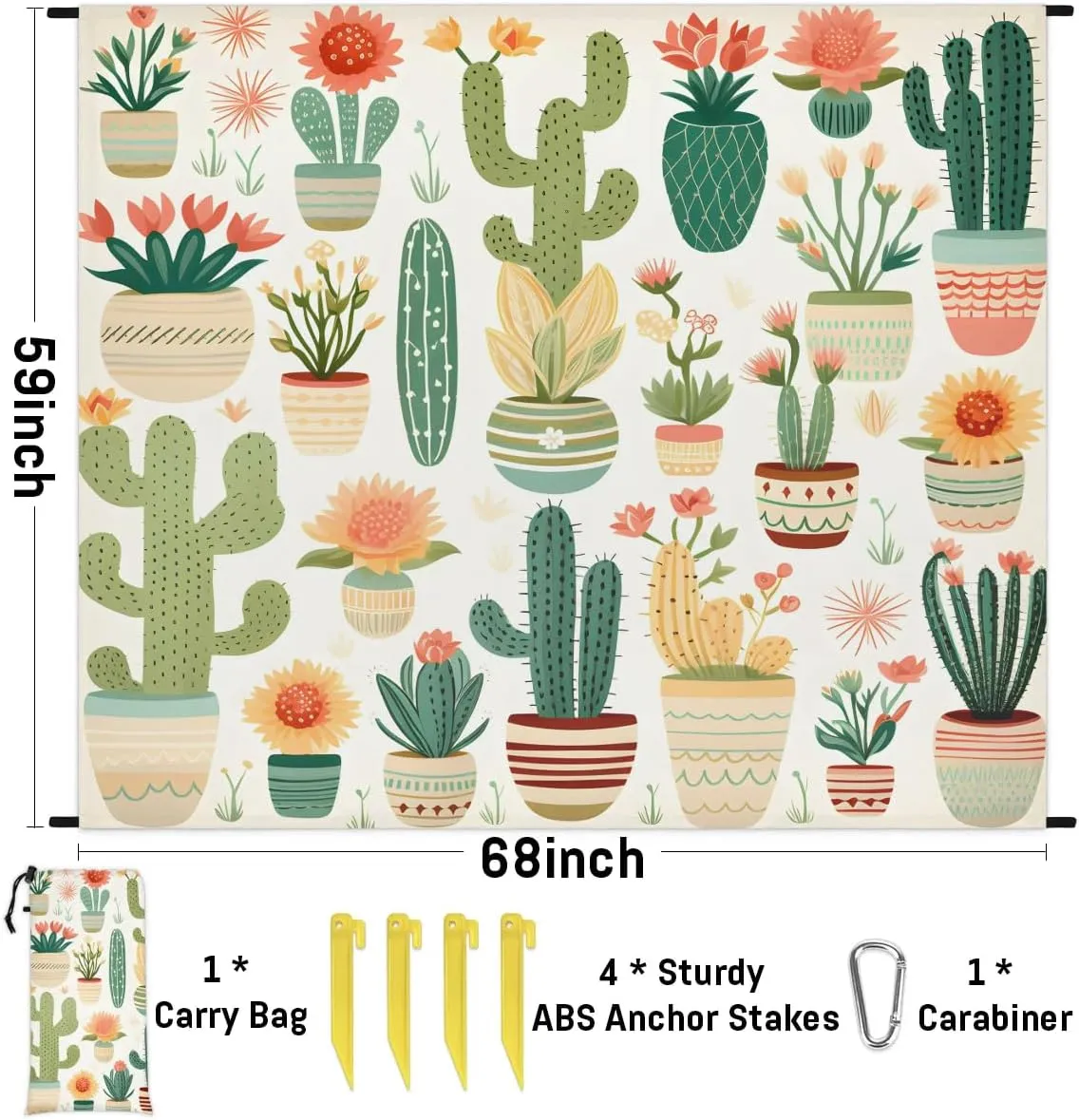 Beach Blanket, Cactus Sandproof Beach Mat, Waterproof Quick Drying Sand Free Mat with 4 x Ground Spikes for Outdoor Travel Camping Hiking, Tropical Cactus 68 x 59 in