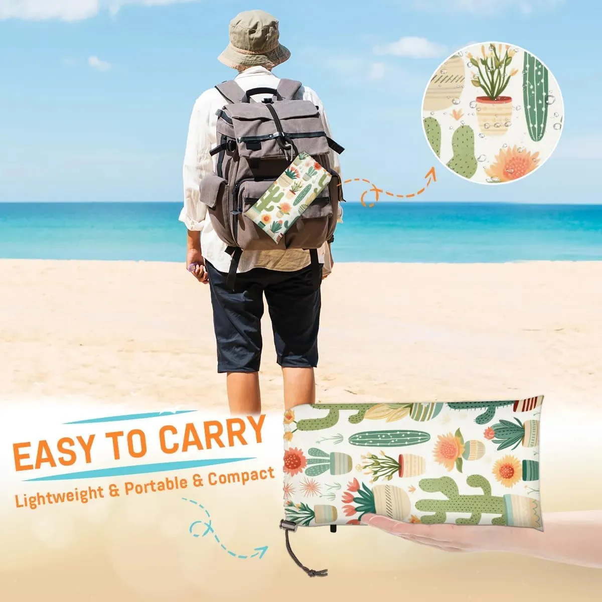 Beach Blanket, Cactus Sandproof Beach Mat, Waterproof Quick Drying Sand Free Mat with 4 x Ground Spikes for Outdoor Travel Camping Hiking, Tropical Cactus 68 x 59 in