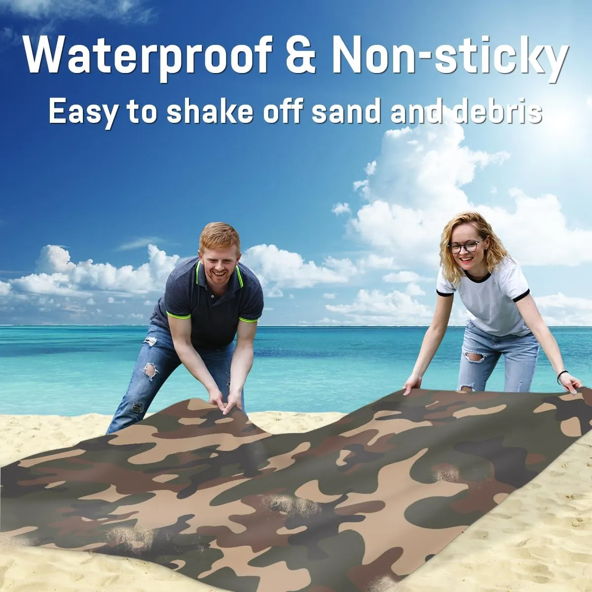 Beach Blanket, Camo Sandproof Beach Mat, Waterproof Quick Drying Sand Free Mat with 4 x Ground Spikes for Outdoor Travel Camping Hiking, Camouflage 68 x 59 in