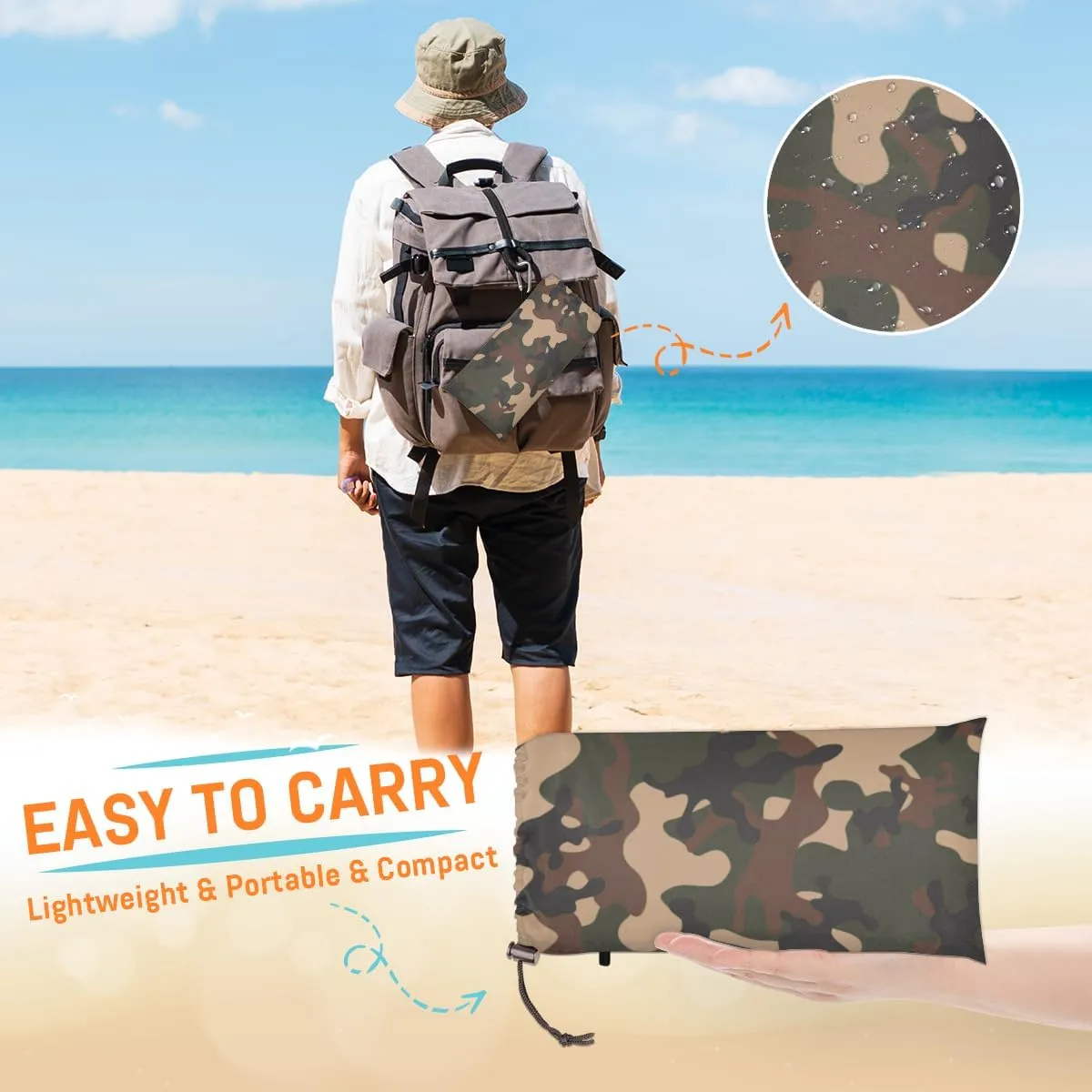 Beach Blanket, Camo Sandproof Beach Mat, Waterproof Quick Drying Sand Free Mat with 4 x Ground Spikes for Outdoor Travel Camping Hiking, Camouflage 68 x 59 in