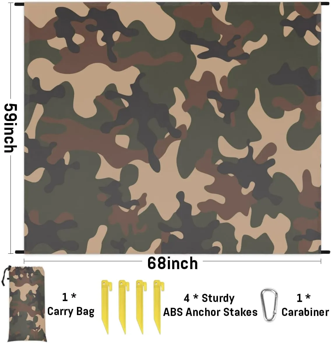 Beach Blanket, Camo Sandproof Beach Mat, Waterproof Quick Drying Sand Free Mat with 4 x Ground Spikes for Outdoor Travel Camping Hiking, Camouflage 68 x 59 in