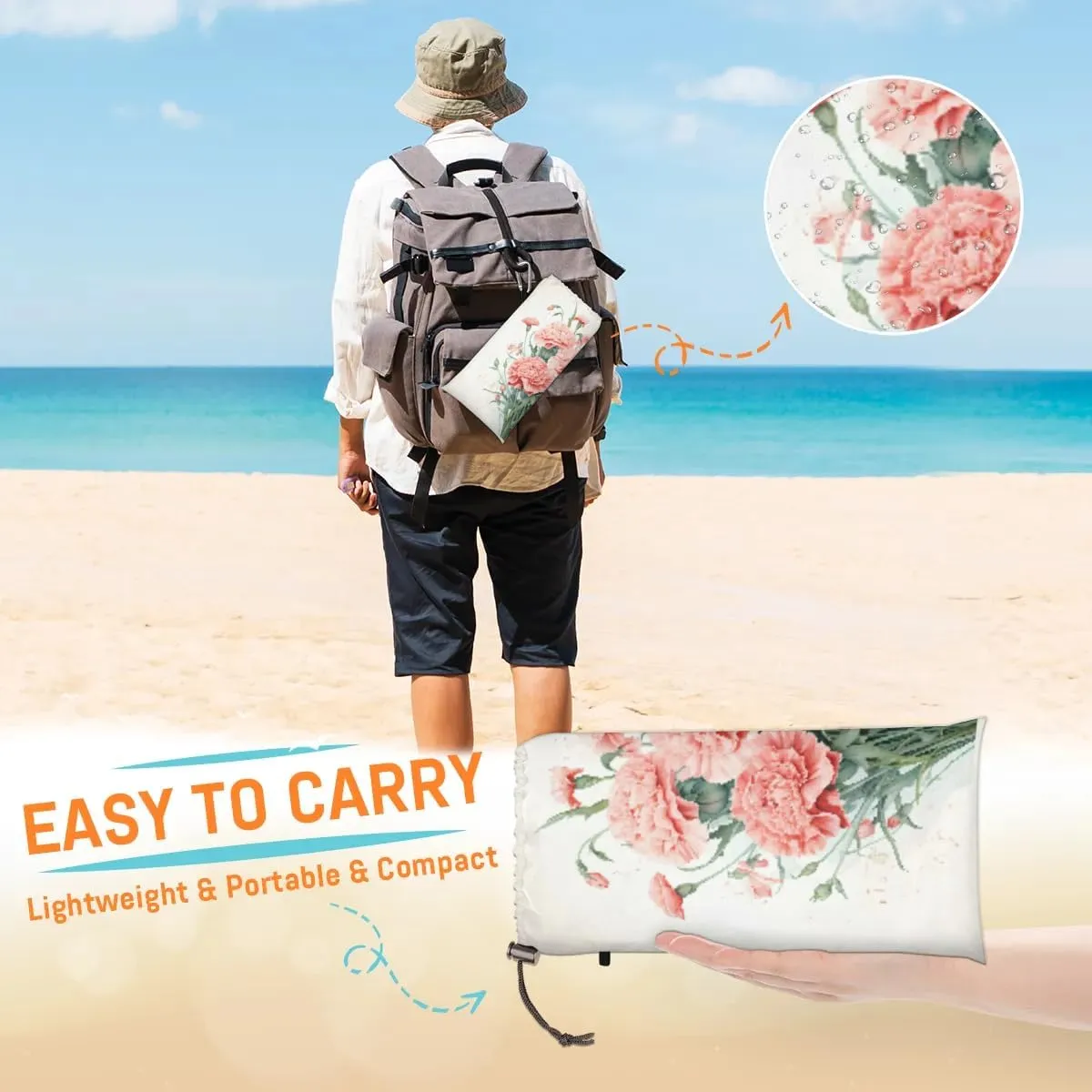 Beach Blanket, Carnation Flowers Sandproof Beach Mat, Waterproof Quick Drying Sand Free Mat with 4 x Ground Spikes for Outdoor Travel Camping Hiking, Spring Flower 68 x 59 in