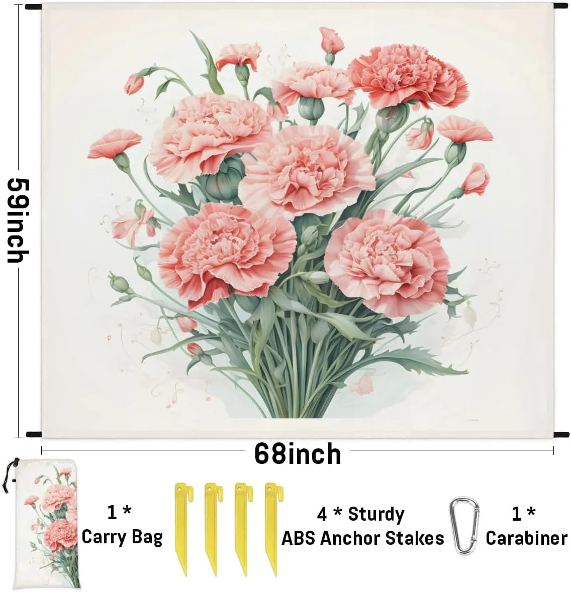 Beach Blanket, Carnation Flowers Sandproof Beach Mat, Waterproof Quick Drying Sand Free Mat with 4 x Ground Spikes for Outdoor Travel Camping Hiking, Spring Flower 68 x 59 in