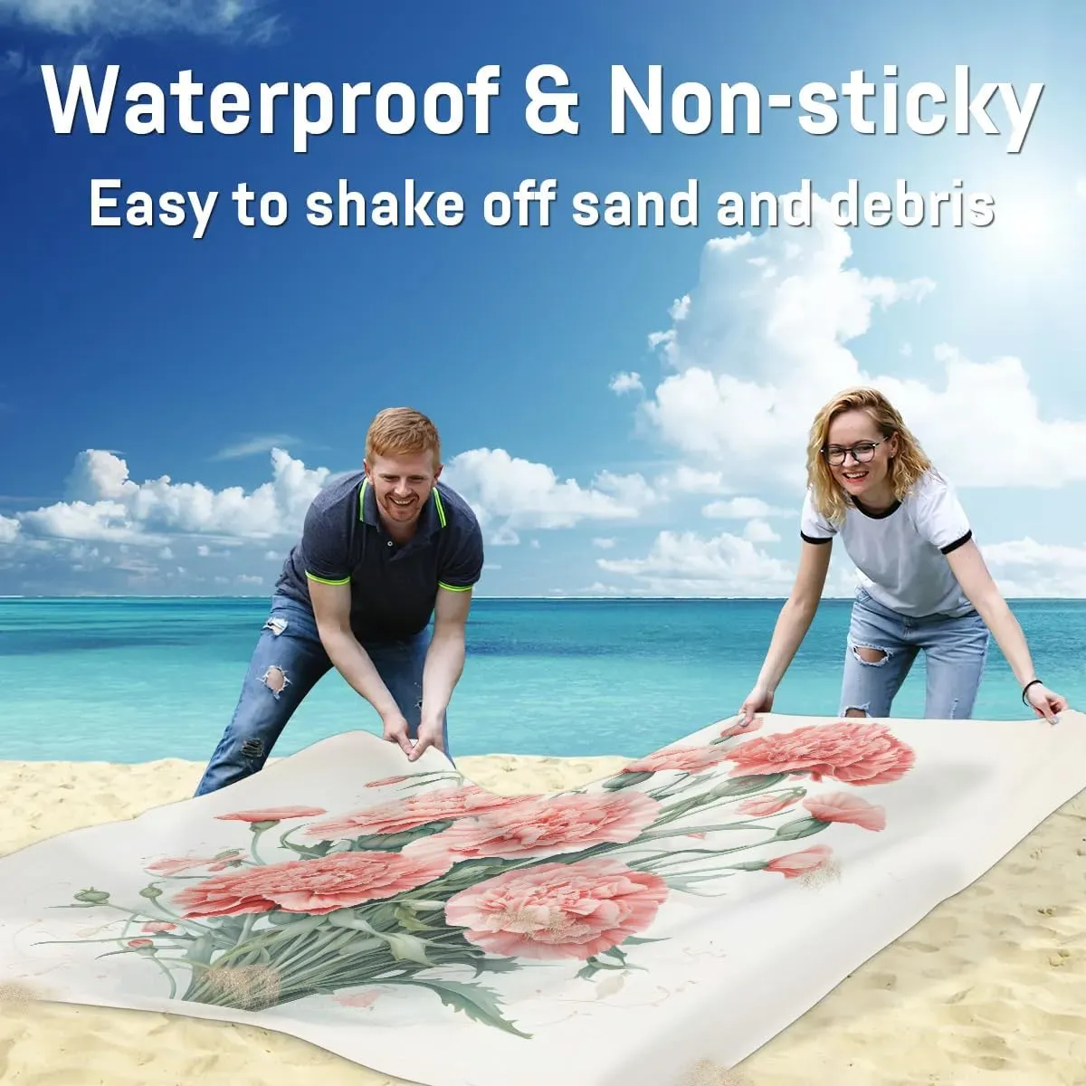Beach Blanket, Carnation Flowers Sandproof Beach Mat, Waterproof Quick Drying Sand Free Mat with 4 x Ground Spikes for Outdoor Travel Camping Hiking, Spring Flower 68 x 59 in