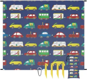 Beach Blanket, Cars Print Sandproof Beach Mat, Waterproof Quick Drying Sand Free Mat with 4 x Ground Spikes for Outdoor Travel Camping Hiking, Cartoon Truck 68 x 59 in