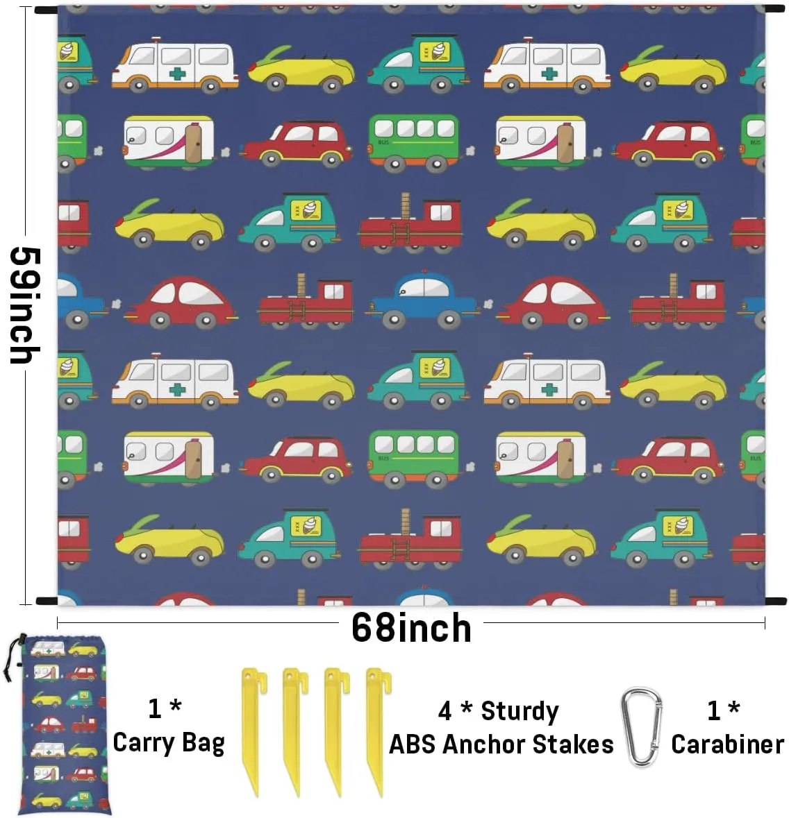 Beach Blanket, Cars Print Sandproof Beach Mat, Waterproof Quick Drying Sand Free Mat with 4 x Ground Spikes for Outdoor Travel Camping Hiking, Cartoon Truck 68 x 59 in