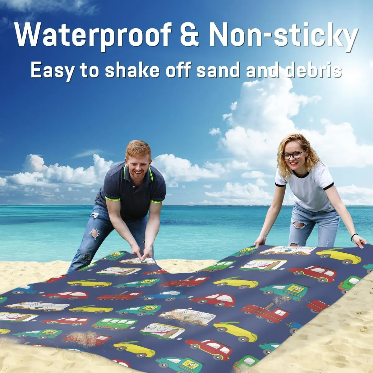 Beach Blanket, Cars Print Sandproof Beach Mat, Waterproof Quick Drying Sand Free Mat with 4 x Ground Spikes for Outdoor Travel Camping Hiking, Cartoon Truck 68 x 59 in