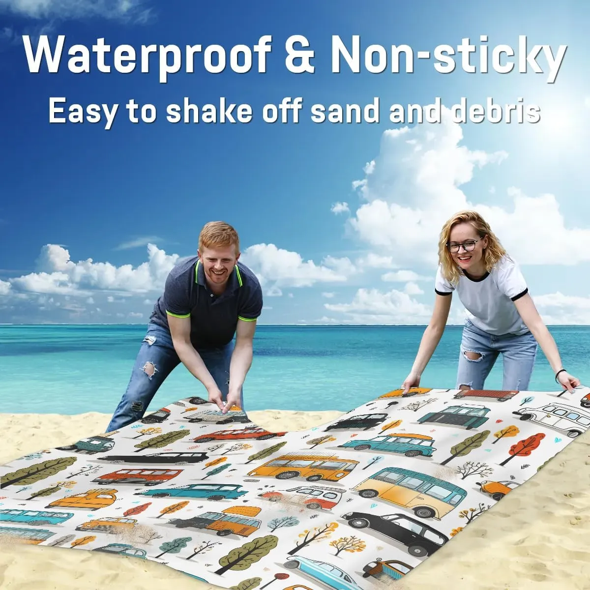 Beach Blanket, Cartoon Car Sandproof Beach Mat, Waterproof Quick Drying Sand Free Mat with 4 x Ground Spikes for Outdoor Travel Camping Hiking, Cars 68 x 59 in