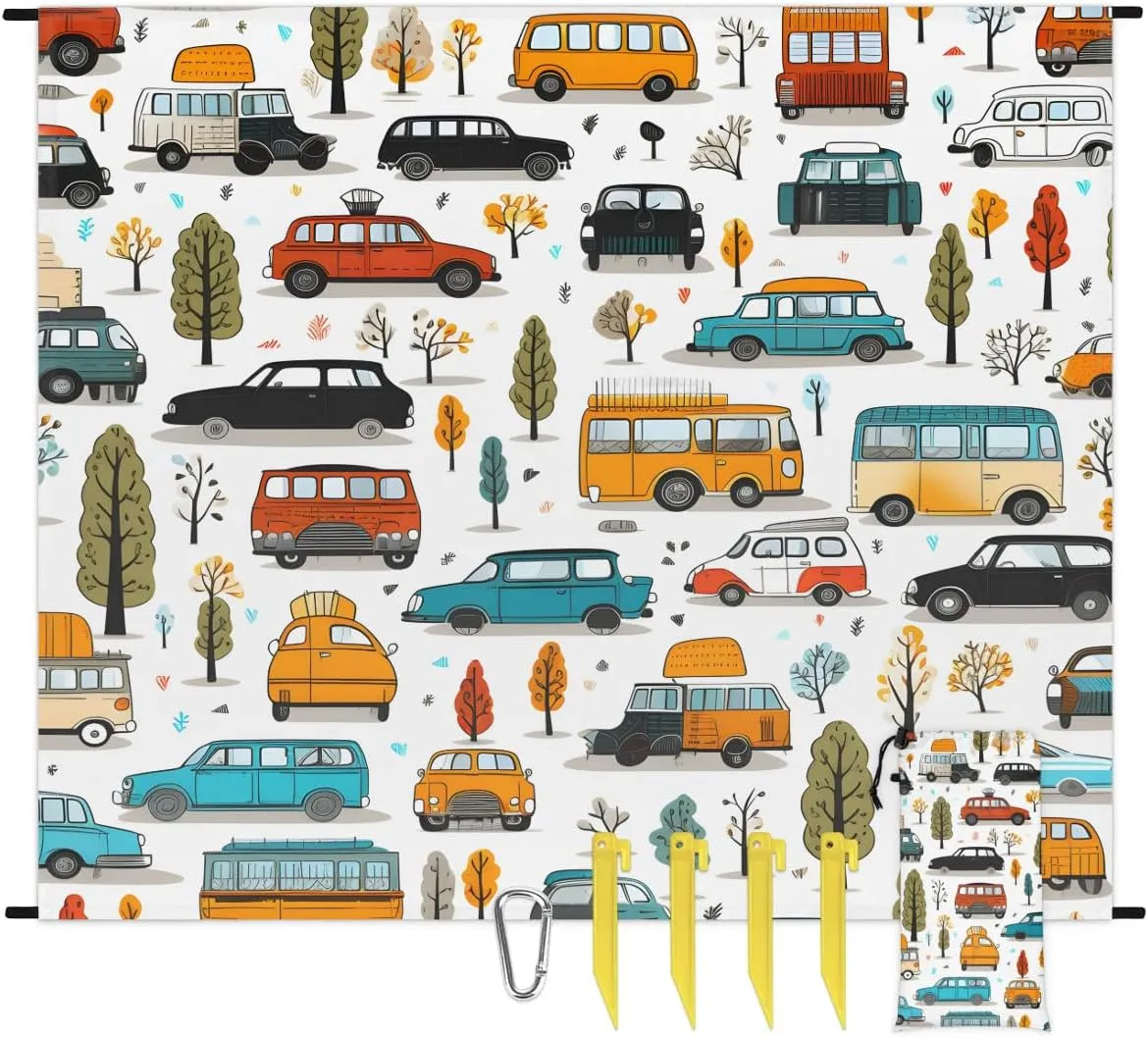 Beach Blanket, Cartoon Car Sandproof Beach Mat, Waterproof Quick Drying Sand Free Mat with 4 x Ground Spikes for Outdoor Travel Camping Hiking, Cars 68 x 59 in