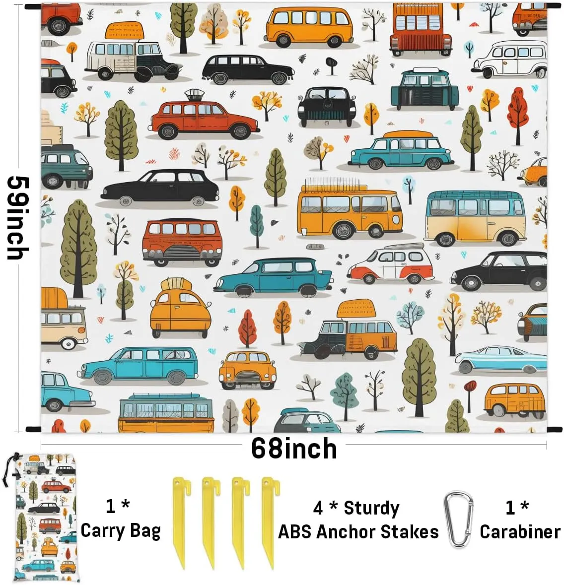 Beach Blanket, Cartoon Car Sandproof Beach Mat, Waterproof Quick Drying Sand Free Mat with 4 x Ground Spikes for Outdoor Travel Camping Hiking, Cars 68 x 59 in