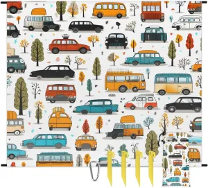 Beach Blanket, Cartoon Car Sandproof Beach Mat, Waterproof Quick Drying Sand Free Mat with 4 x Ground Spikes for Outdoor Travel Camping Hiking, Cars 68 x 59 in