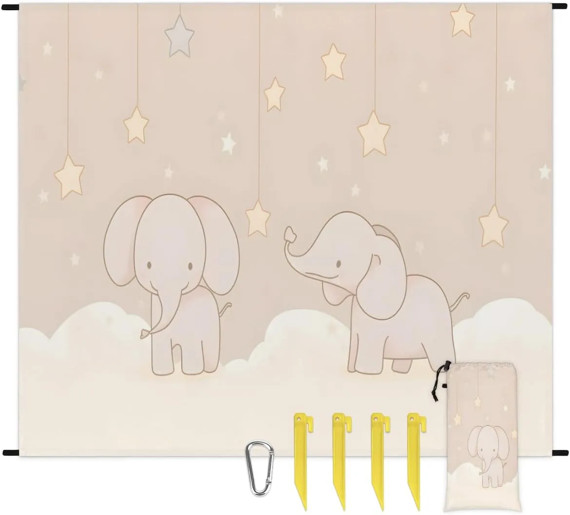 Beach Blanket, Cartoon Elephant Sandproof Beach Mat, Waterproof Quick Drying Sand Free Mat with 4 x Ground Spikes for Outdoor Travel Camping Hiking, Cute 68 x 59 in